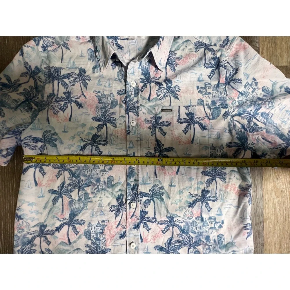 Vintage Summer Button Up Shirt Mens Size Medium White Blue Tropical Palm Tree